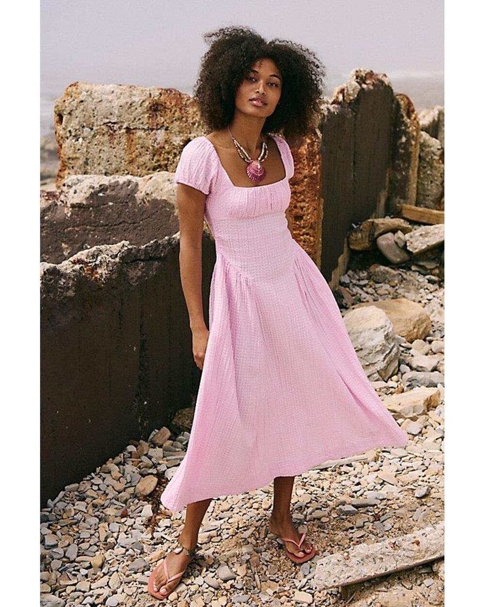 Free People Ciara Pucker Check Midi Dress Pink Basque Waist Size Small